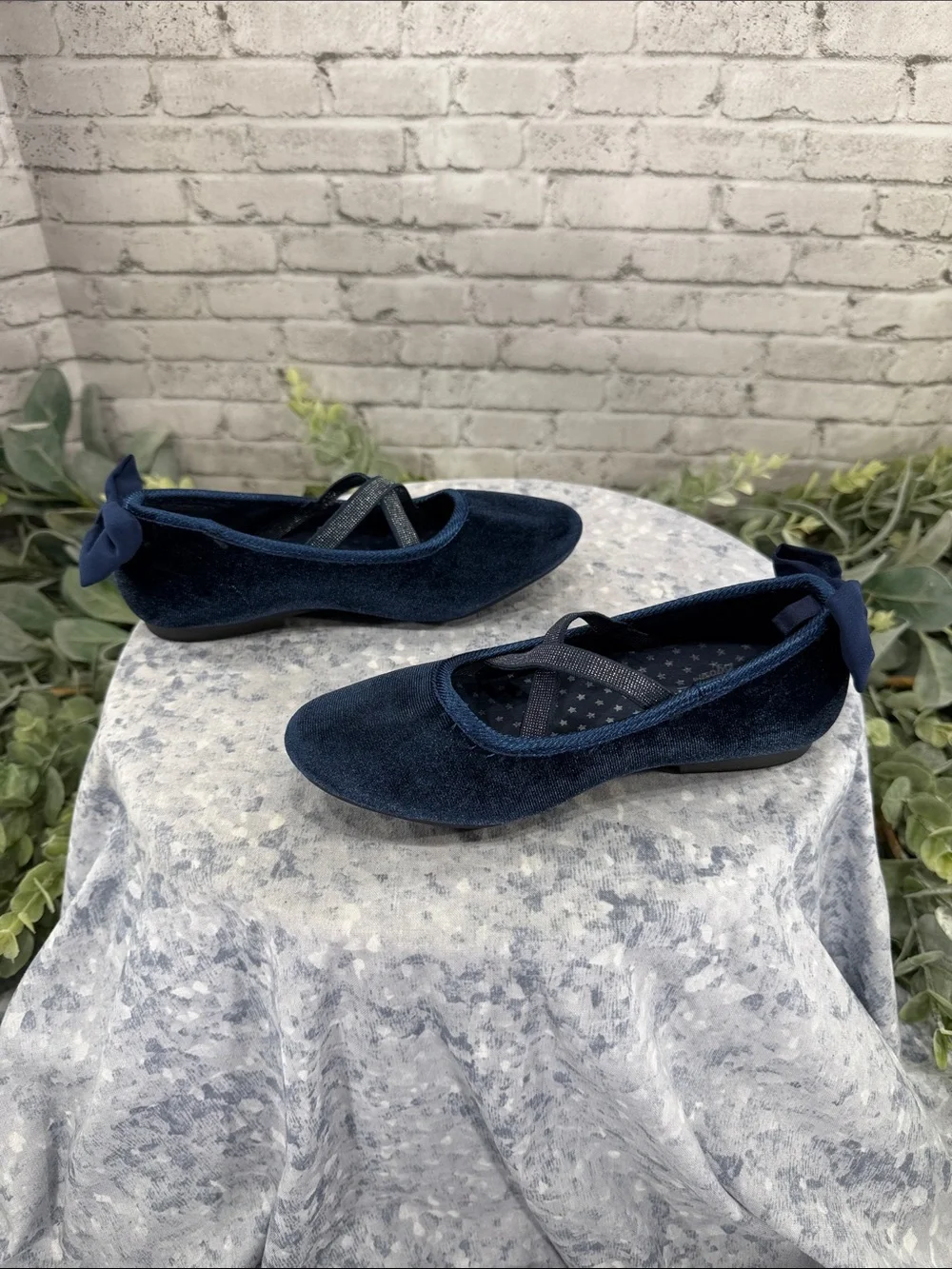 OSH KOSH B’GOSH “Vashti” Dark Navy Blue Velvet Ballet Bow Flats 💙 Girls 12M EUC